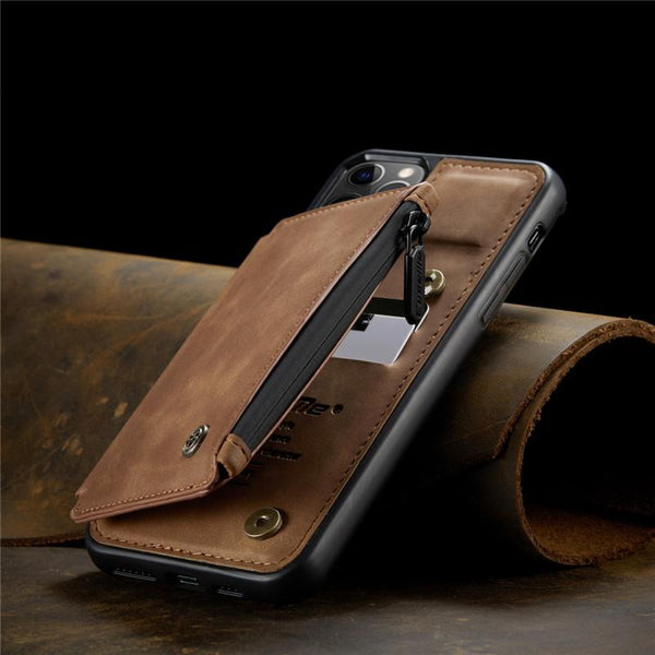 Vintage Zipper Wallet PU Leather Cover For iPhone