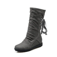 Casual Big Size Pure Color Lace Up Mid Calf Flat Knight Boots