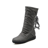 Casual Big Size Pure Color Lace Up Mid Calf Flat Knight Boots