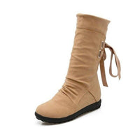 Casual Big Size Pure Color Lace Up Mid Calf Flat Knight Boots