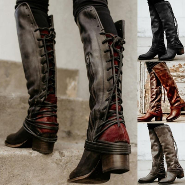 Women's Shoes - Vintage Knee High Gladiator Booties