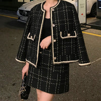 European Style 2 Piece Set Women Short Woolen Tweed Jacket Two Piece Outfits