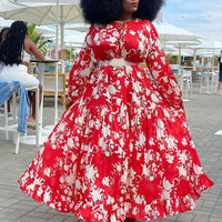 xl 5xl Women Red Floral Print Long Sleeve Floor Length Large Elegant Evening Party Vestidos Dress