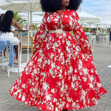 xl 5xl Women Red Floral Print Long Sleeve Floor Length Large Elegant Evening Party Vestidos Dress