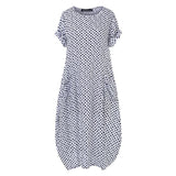 S-5XL Summer Vintage Polka Dot Sundress Women O Neck Short Sleeve Baggy Long Dress