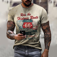 Summer New Mens T Shirts Oversized Loose Clothes Vintage Short Sleeve Fashion America Route 66 Letters Printed O Collared Tshirt
